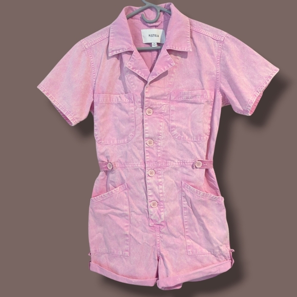 Pistola Pink Cotton Short Sleeve V-Neck Button-Up Parker Denim Romper - Picture 1 of 9